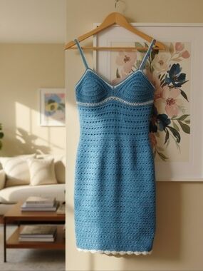Willow & Wind Ocean Breeze Crochet Scalloped Trim Mini Dress — Size XS
